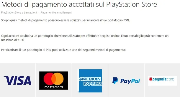 Metodi di pagamento supportati playstation store