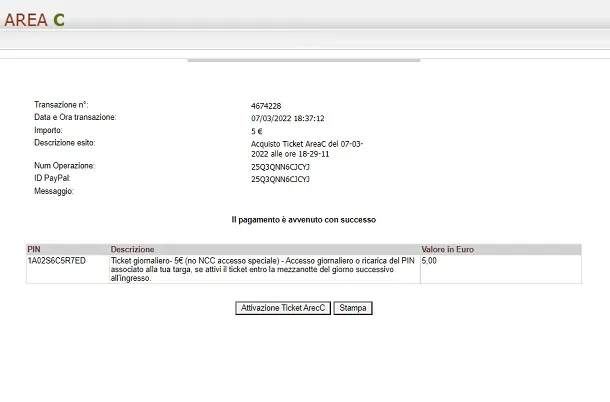 attivare ticket online Area C