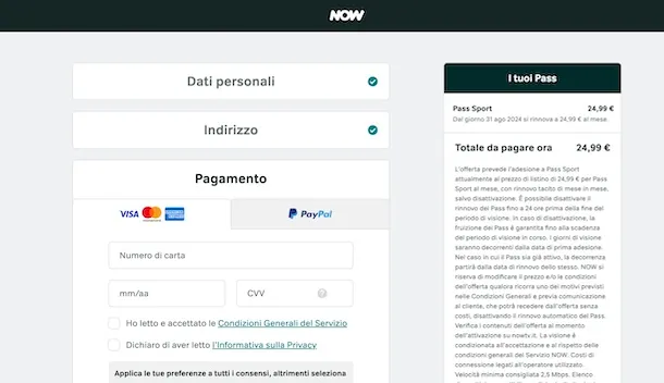 pagare NOW con carta di credito
