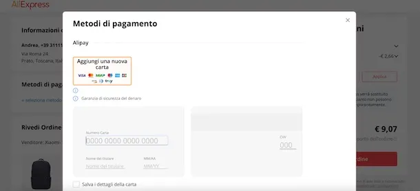 pagare con carta su AliExpress