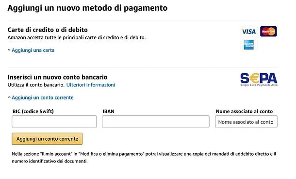 pagare su Amazon con conto bancario